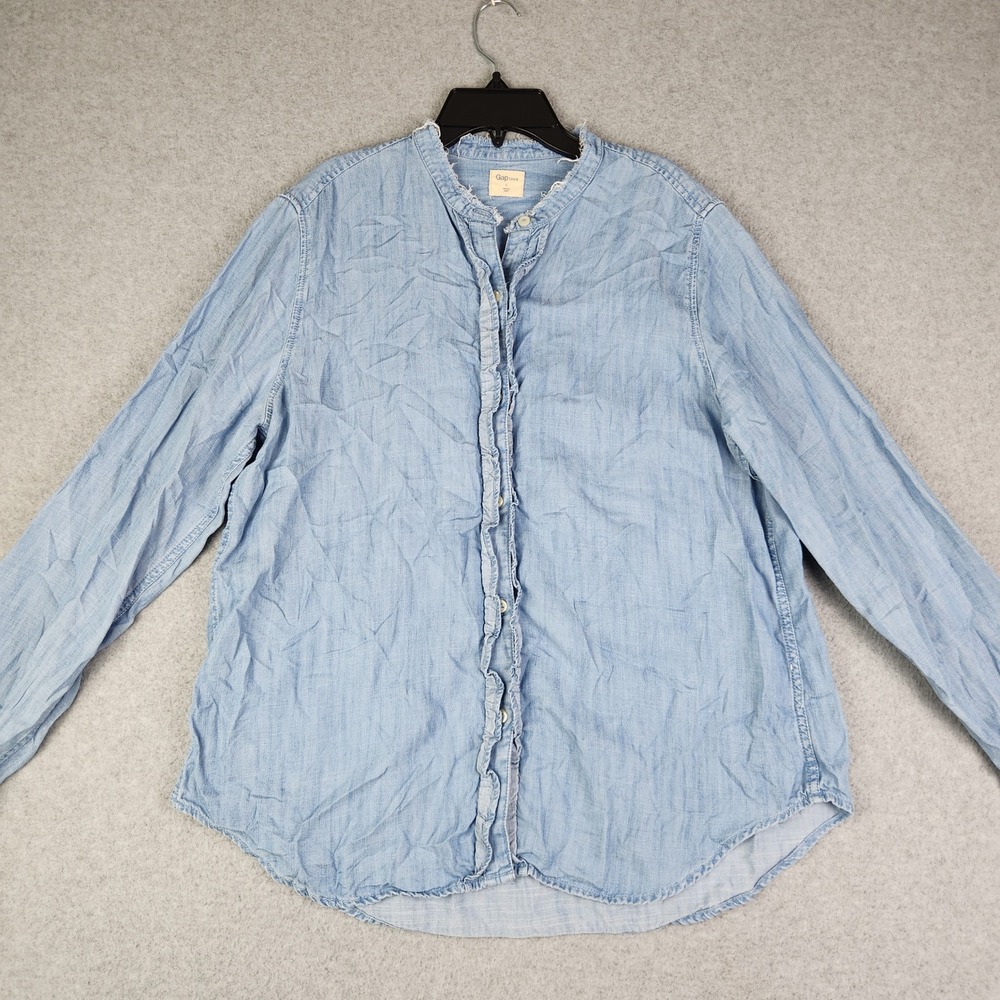 Gap Button Down Women L Blue 1969 Chambray Ruffle Front Raw Edge Mandarin Collar